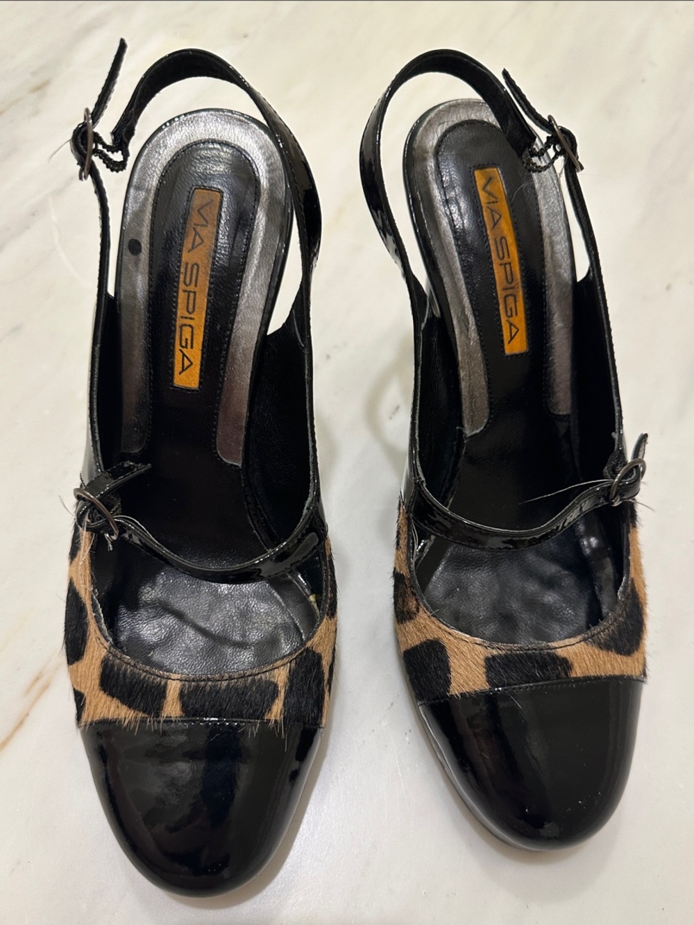 Via Spiga Black and Tan Leopard Slingback Pumps